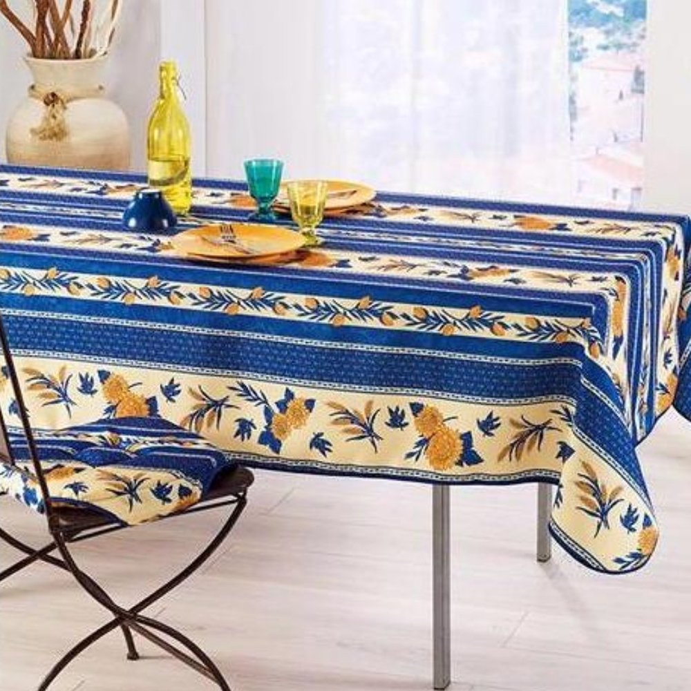 60x96" Rectangle Sunflower Olive Blue Tablecloth